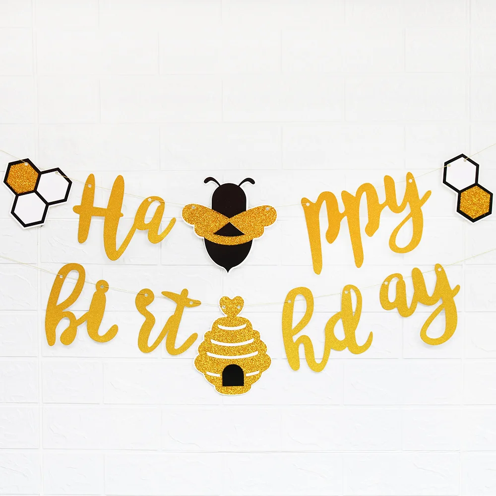 

Glitter Golden Bee Theme Happy Birthday Banner Happy Bee Day Kids Birthday Party Backaground Decorations Bumblebee DIY Decor