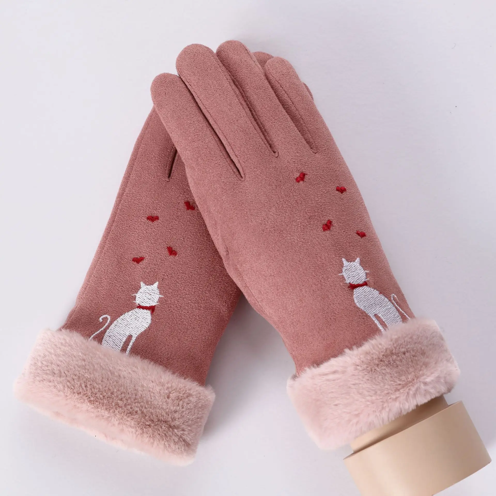 081D-Cat-Skin Pink Sparsil женские замшевые перчатки с сенсорным экраном, зимние двухслойные меховые варежки, теплые модные перчатки с вышивкой в виде снежинки для улицы - Цвет: 081D-Cat-Skin Pink