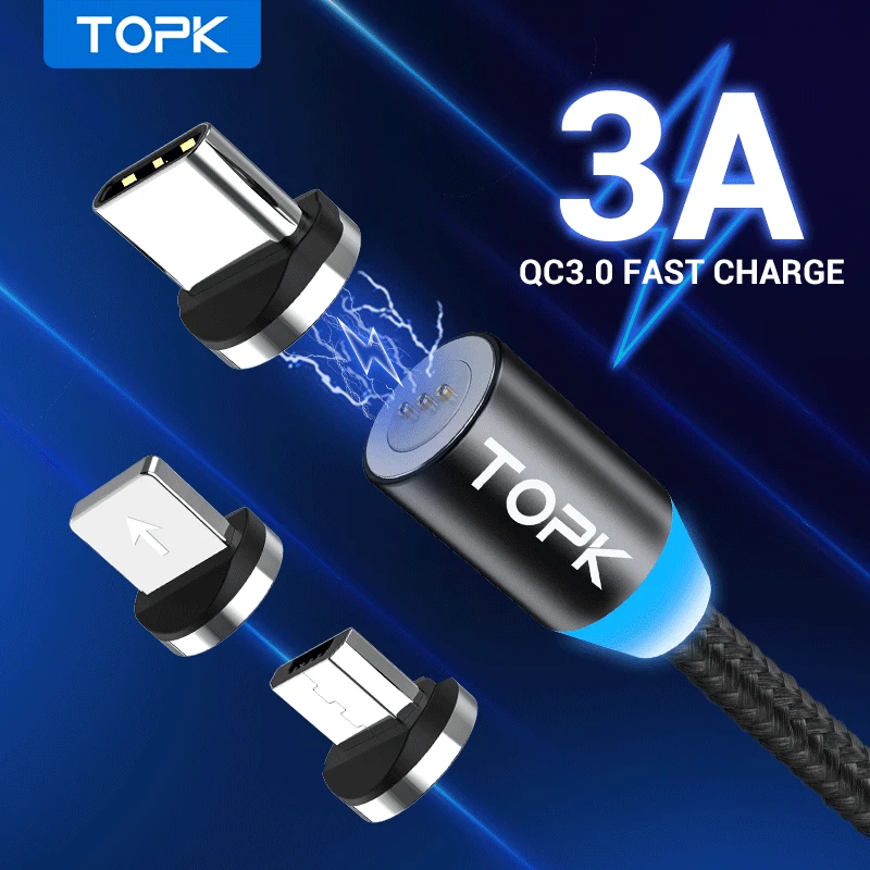 Магнитный USB кабель TOPK 3A для быстрой зарядки Micro Type C магнитное зарядное