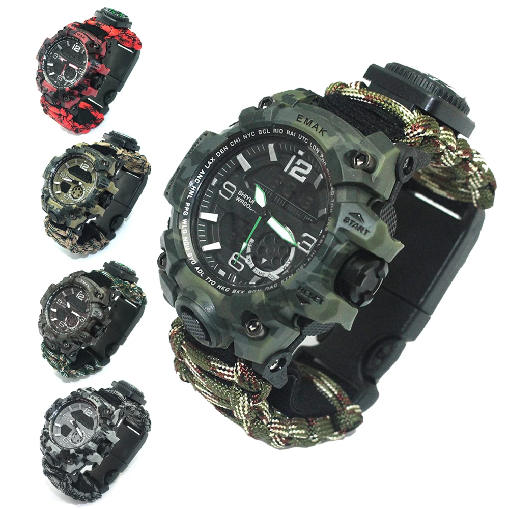 Koop 7 In 1 Outdoor Survival Horloge Tactische Paracord Armband Horloge Met Kompas Schraper Thermometer Paracord Fluitje Camping Gereedschap