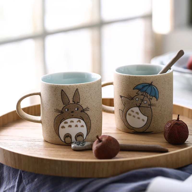 Cute My Neighbor Totoro Ceramic Couple Mug with Lid Small Spoon Creative Japanese Anime Coffee Milk Water Cup Household