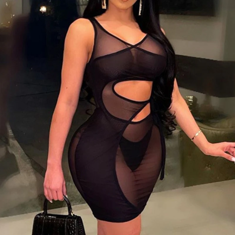 

Gothic Dresses for Woman Party Elegant Bodycon Mesh Transparent Clothes Vestido Feminino Autumn Black Sexy Mini Dress Women 2021