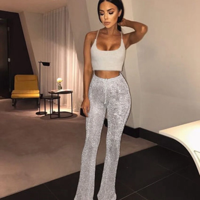 

Женские Блестящие Брюки, длинные брюки с колокольчиком, праздничные трикотажные брюки с блестками и высокой талией