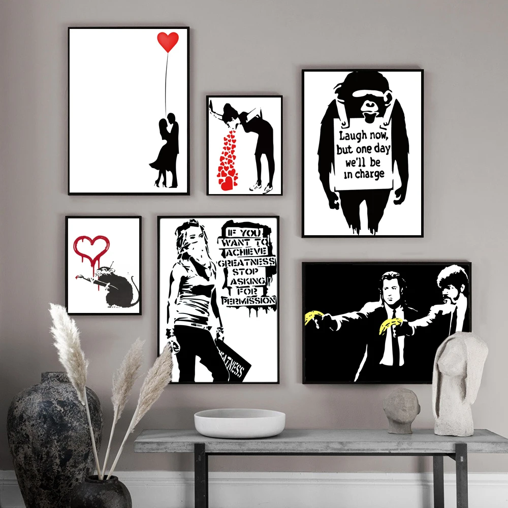 

Nordic characters canvas painting girl and red balloon mural Banksy Art Poster living room bedroom bar home decoration mural