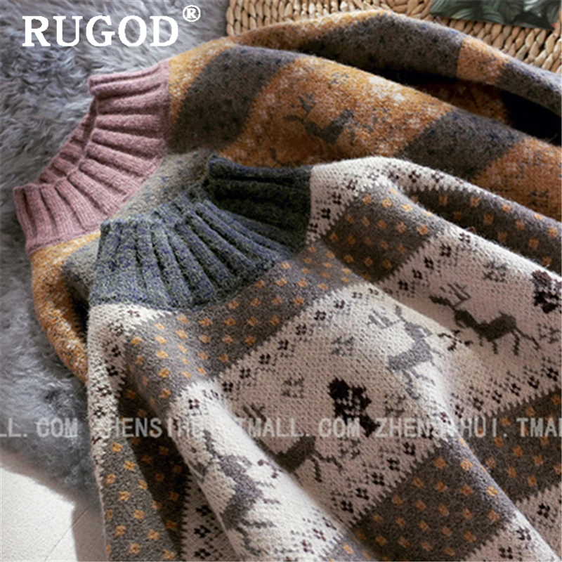 Женский вязаный свитер RUGOD осенне-зимний теплый с круглым вырезом и принтом