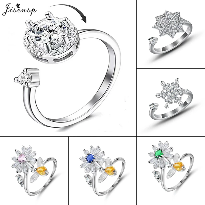 

Jisensp Spinner Rings Rotate Fidget Anxiety Ring for Women Crystal Daisy Flower Adjustable Rings Fashion Jewelry Gift