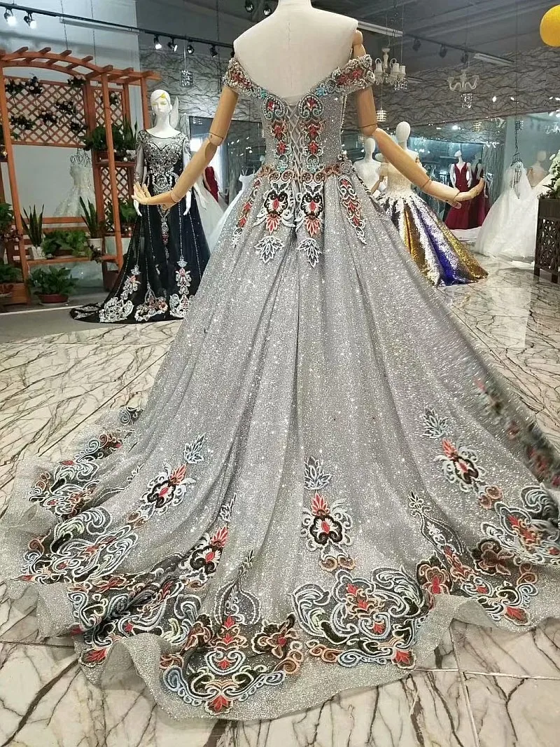 BGW 31123ht Grey Shiny Mother Of Bride Wedding Party Dresses Off Shoulder Sweetheart Bling A-line Evening Dress With Brush Train | Свадьбы и