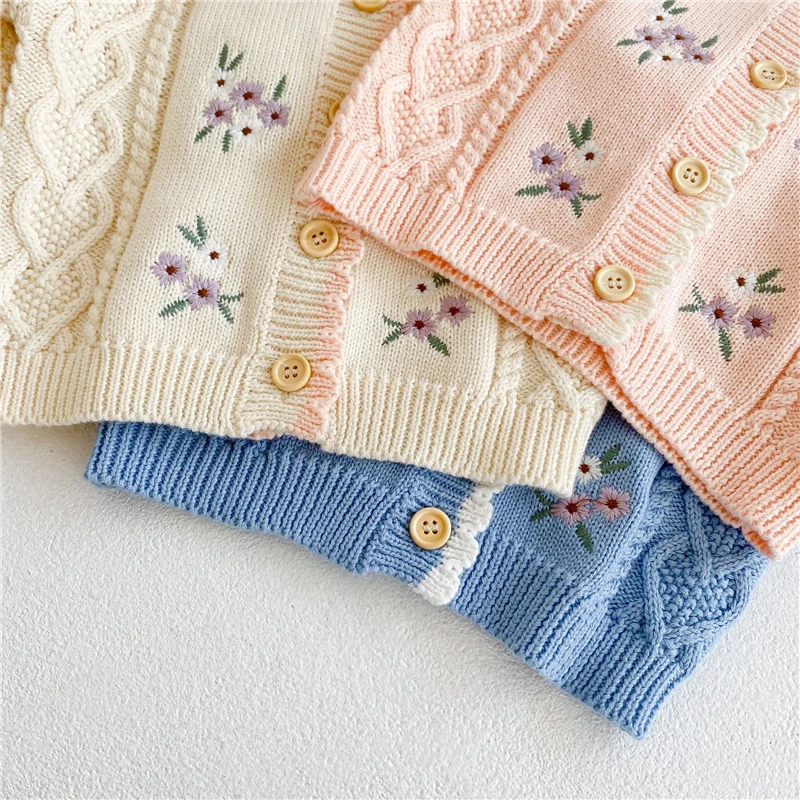 

0-3Y Toddler Baby Knitted Cardigan for Girl Fashion Embroidery Tops Coats 2021 Autumn New 100% Cotton Kids Clothes Boys Outfits