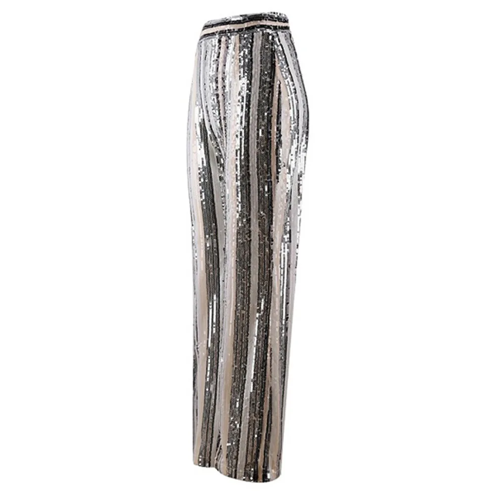 New Women's Fashion Casual Pants In Autumn And Winter Europe And America Stripe Sequin Bead High Waist Thin Wide Leg Pants