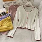 Футболка женская трикотажная однотонная на пуговицах, с V-образным вырезом, осень короткие футболки