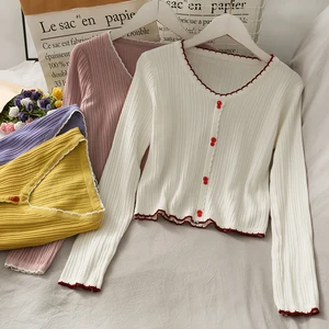 Футболка женская трикотажная однотонная на пуговицах, с V-образным вырезом, осень короткие футболки