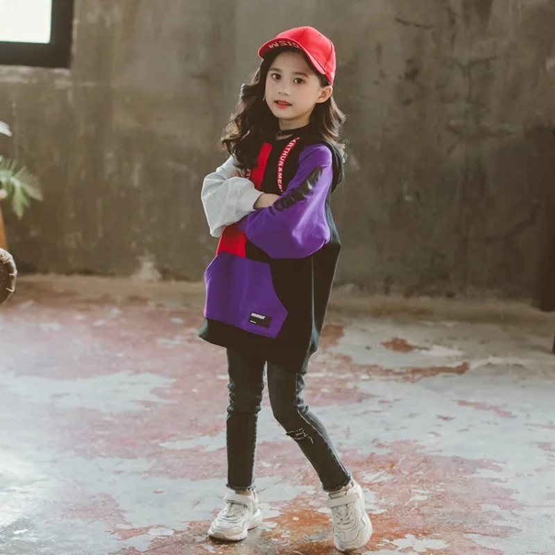 2019 осенний свитер для девочек хлопковый топ с капюшоном + джинсовые штаны