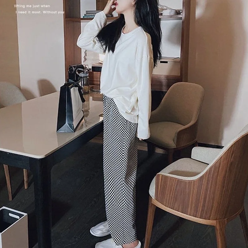 QWEEK Korean Style Plaid Pant Sleepwear Women White Top Pajamas Brief Female Set Pijamas Autumn Long Sleeve Loungewear Pyjamas