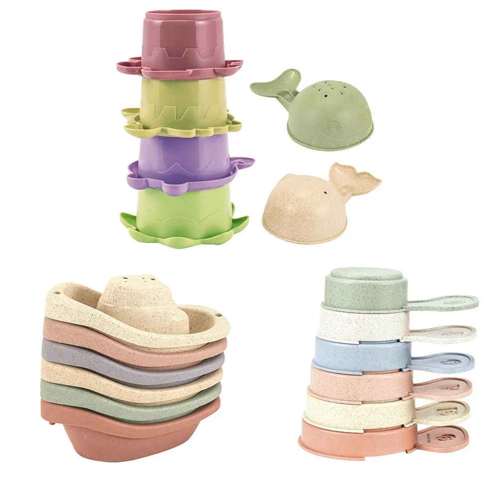 

6pcs Cartoon Animal Geometric Shape Layer By Layer Hourglass Stacking Cup Straw Color Bath Toy Children's Educational Fun Toy