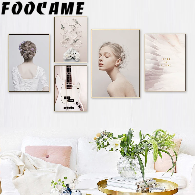 Постеры на холсте с изображением женских гитар перьев цветов художественная
