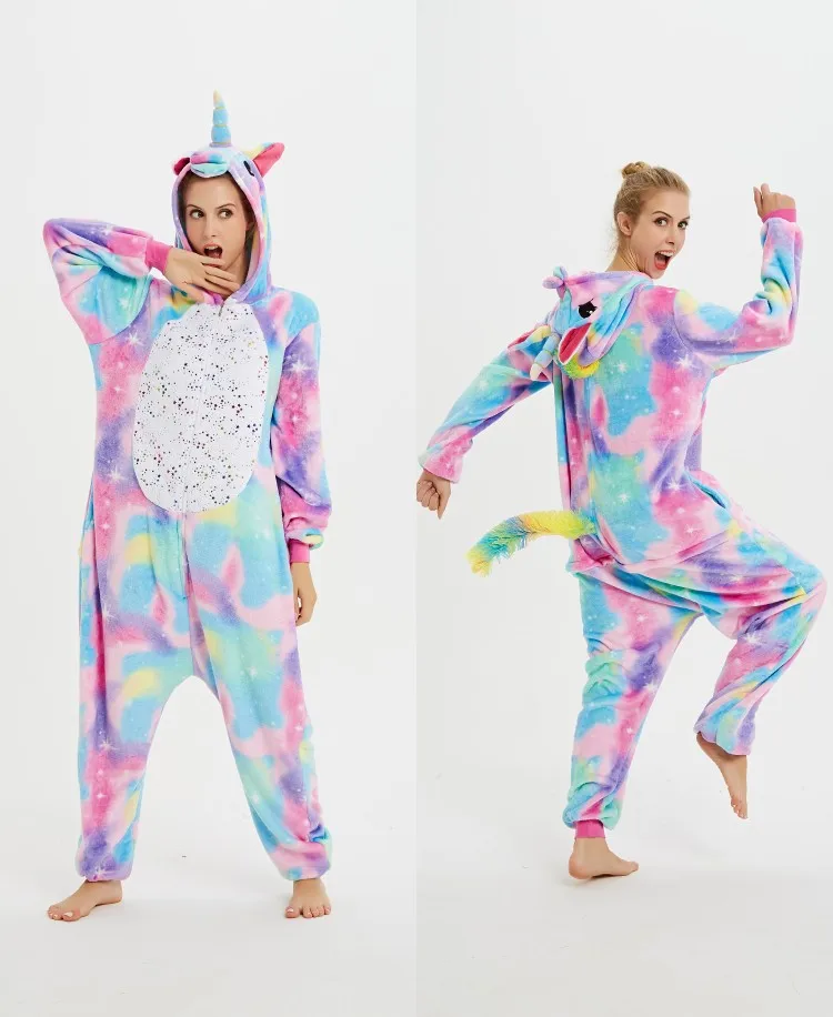Hot stamping Women Kigurumi Unicorn Pajamas Sets Flannel Animal Stich Pajamas kits Winter warm unicornio Nightie Pyjamas Sleepwear Homewear - Цвет: Hot stamping