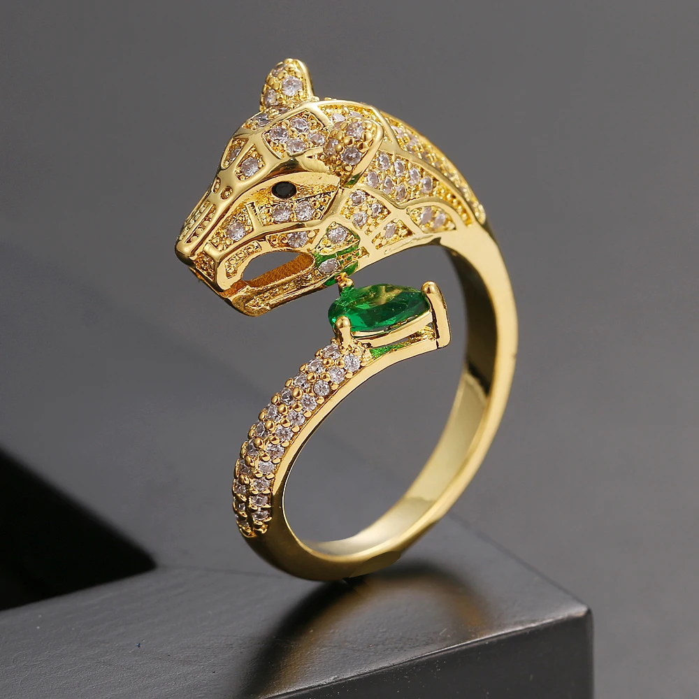 

Fashion personality leopard head design gold zircon wedding ring men and women open ring fashion jewelry wholesale