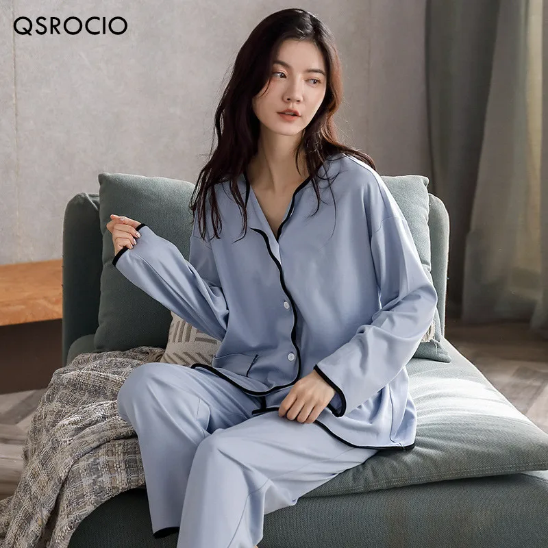 

QSROCIO Новый высококачественный Женский пижамный комплект, модная однотонная Пижама с отворотом, хлопковая Повседневная Домашняя одежда, ноч...