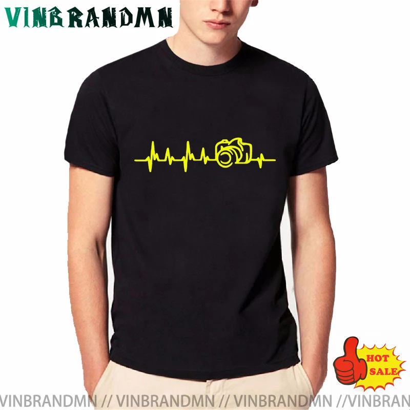 Футболка мужская с изображением пульса и камеры, хлопковая Повседневная смешная рубашка с принтом, уличная одежда, Стандартный Топ