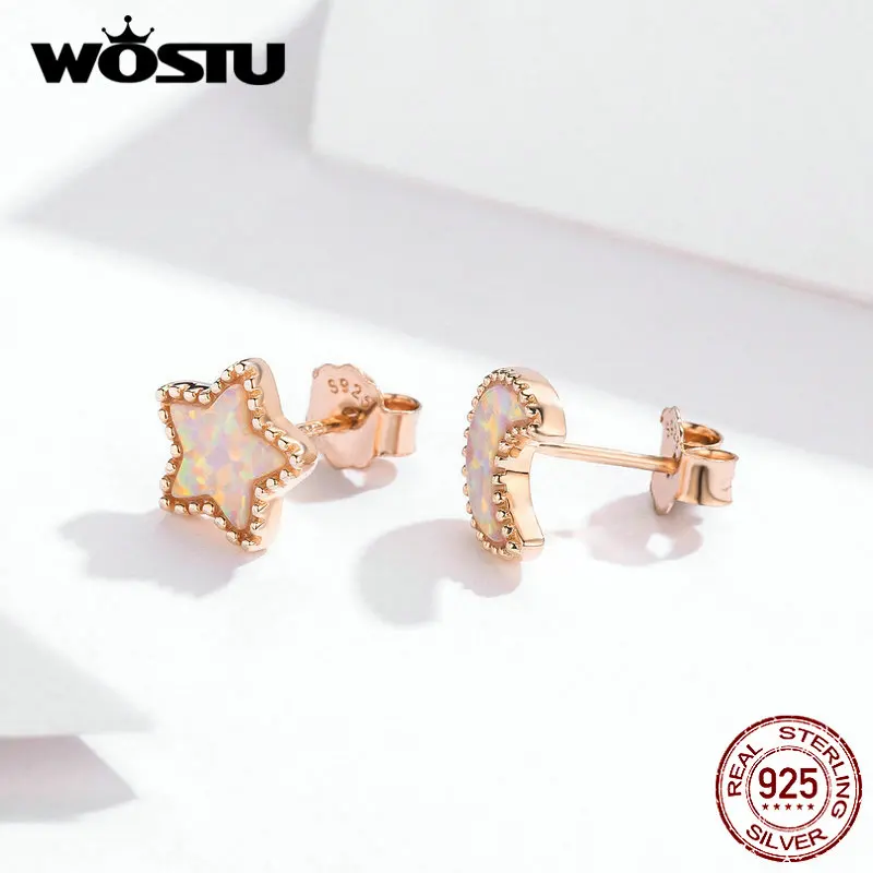 WOSTU 100% 925 пробы серебряные звезда луна серьги гвоздики для женщин розовое золото