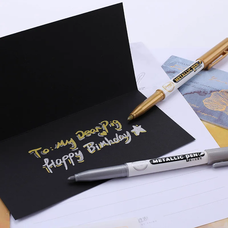 

2Pcs DIY Metallic Waterproof Permanent Paint Marker Pens Gold Silver For Drawing Students Supplies Marker Craftwork Pen