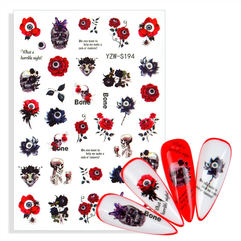 

1 Sheet Back Glue Nail Art Stickers Rose Skull Bones Designs Decal For Nails DIY Manicure Adhesive Sticker