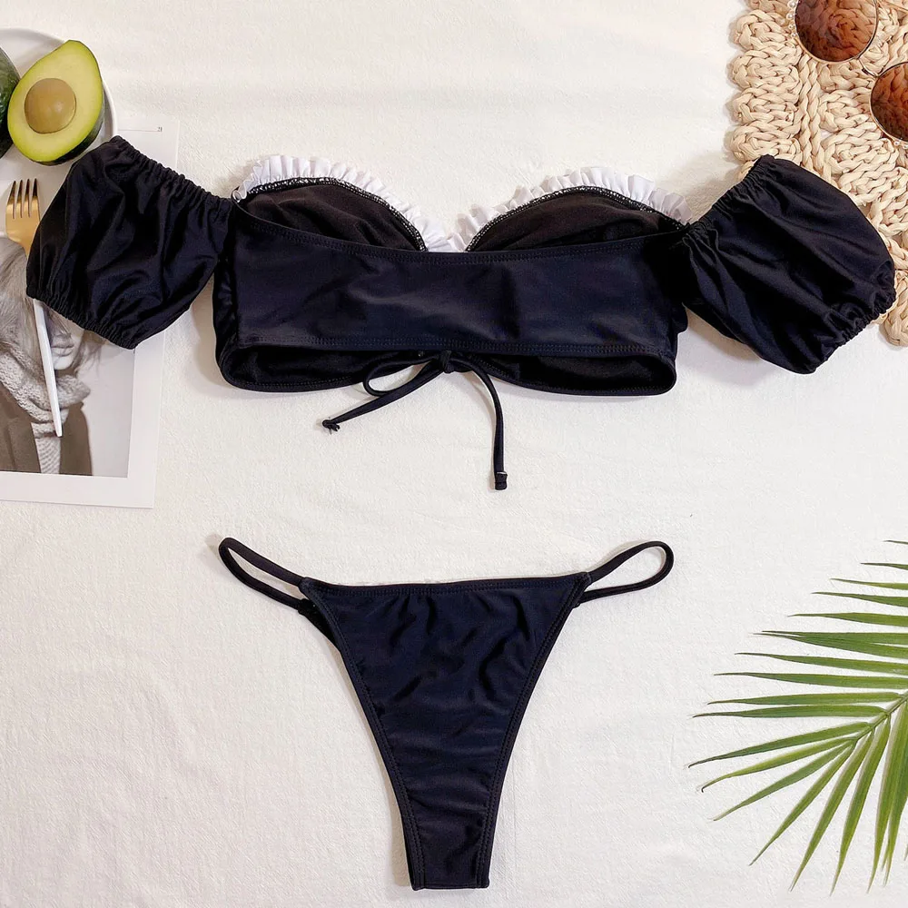 

Black White Off Shoulder Frilled Ruffled Bikini Women Swimwear Female Swimsuit Two-pieces Bikini Bather Bathing Suit Swim Lady