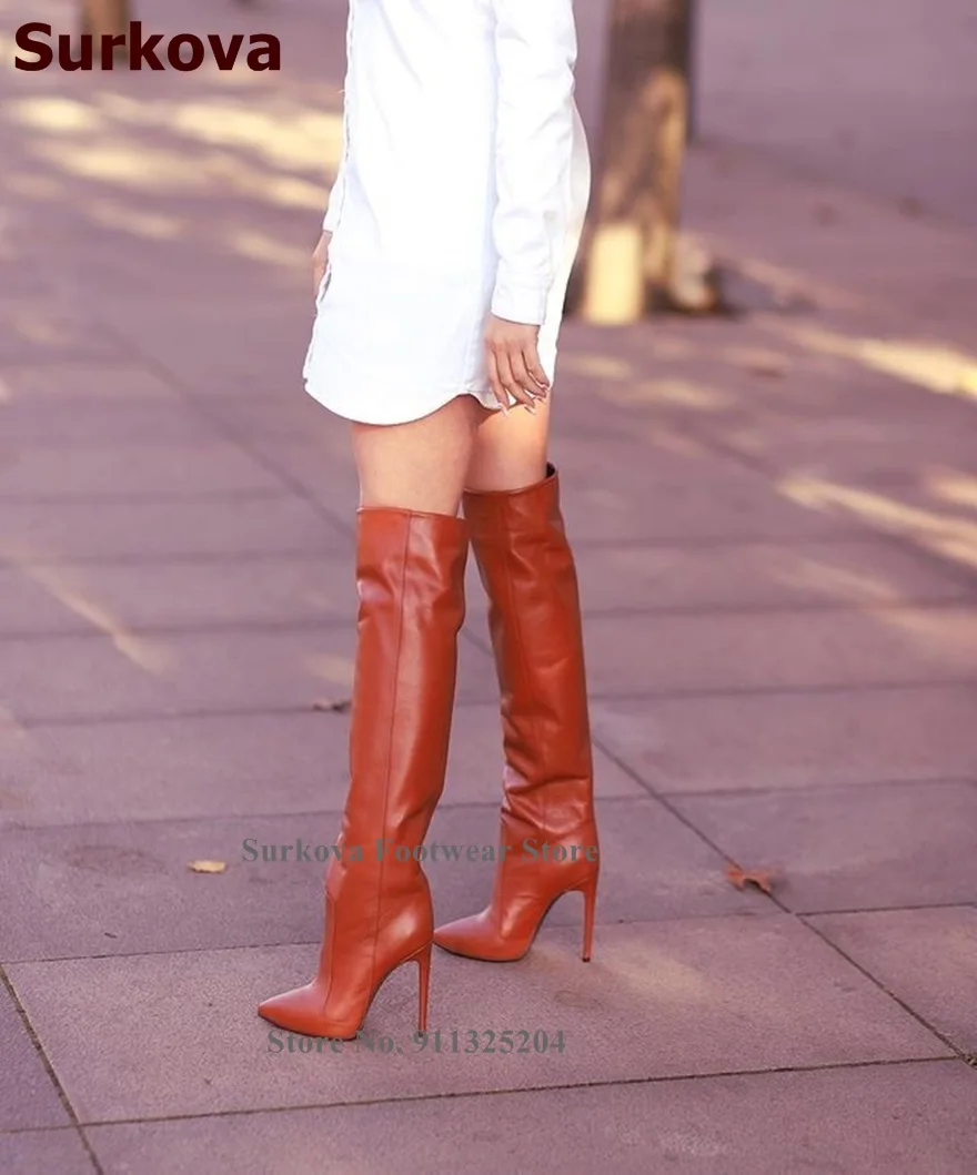 Сапоги женские кожаные Surkova выше колена на тонком высоком каблуке с острым носком
