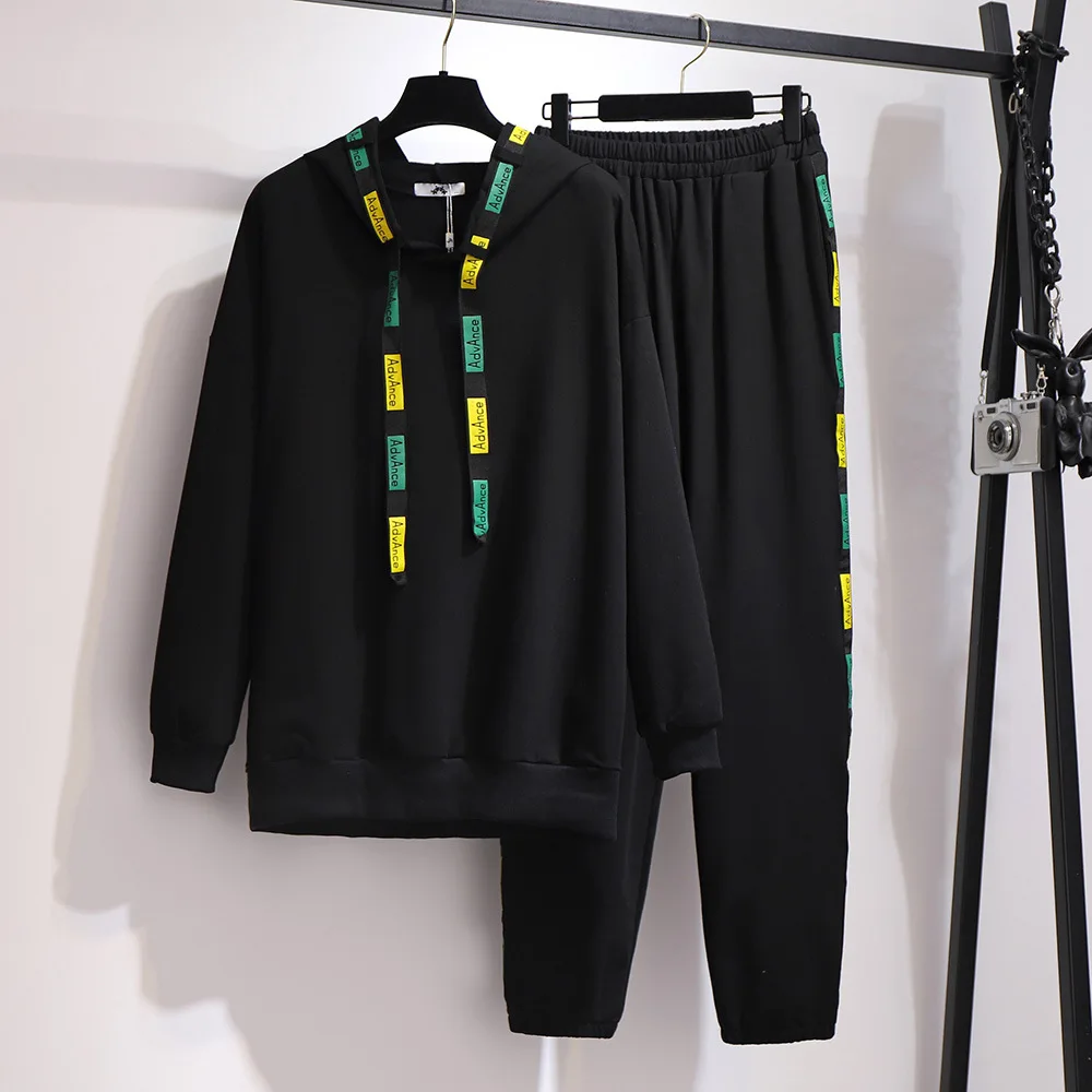 2XL ~ 6XL женский 2 шт с капюшоном комплект из свитера брюками осень зима длинный