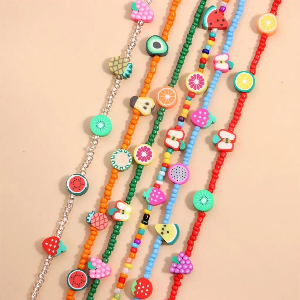 

New Korea Lovely Fruits Naecklace Colorful Beaded Kawai Charm Statement Short Choker Necklace for Women Vacation Cute Jewelry