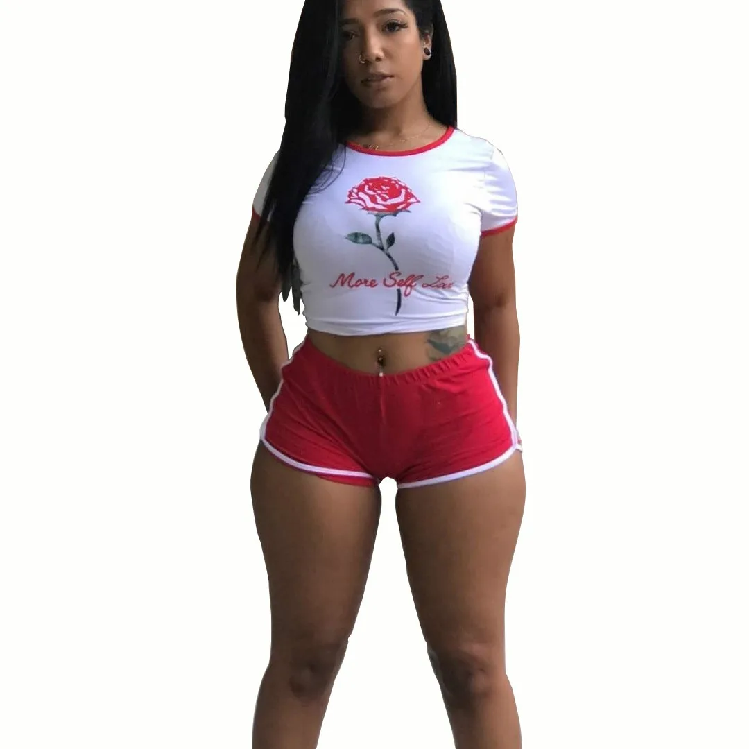 

Women's Sweatshirt Set 2021 Summer New Round Neck Short Sleeve Printed Shorts T-Shirt Set Two Piece Set Women Summer Suit