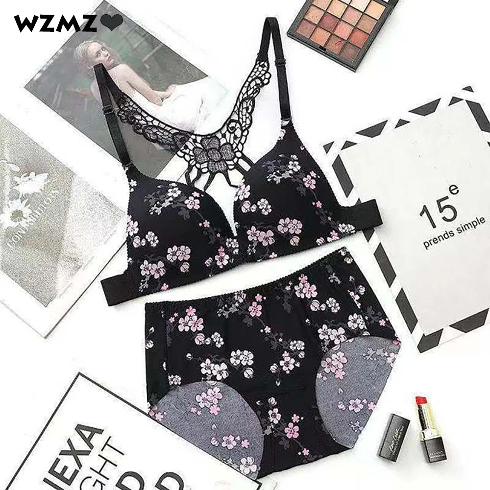 

Women's Underwear Set Sexy Lingerie Front Closure Butterfly Beauty Back Floral Print Lingerie Set Wire Free Push Up Gathered Bra