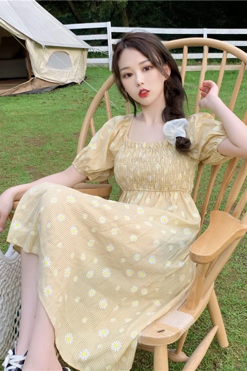 

COIGARSAM Women dress Summer High Waist Square Collar Dresses Green Huang 9895