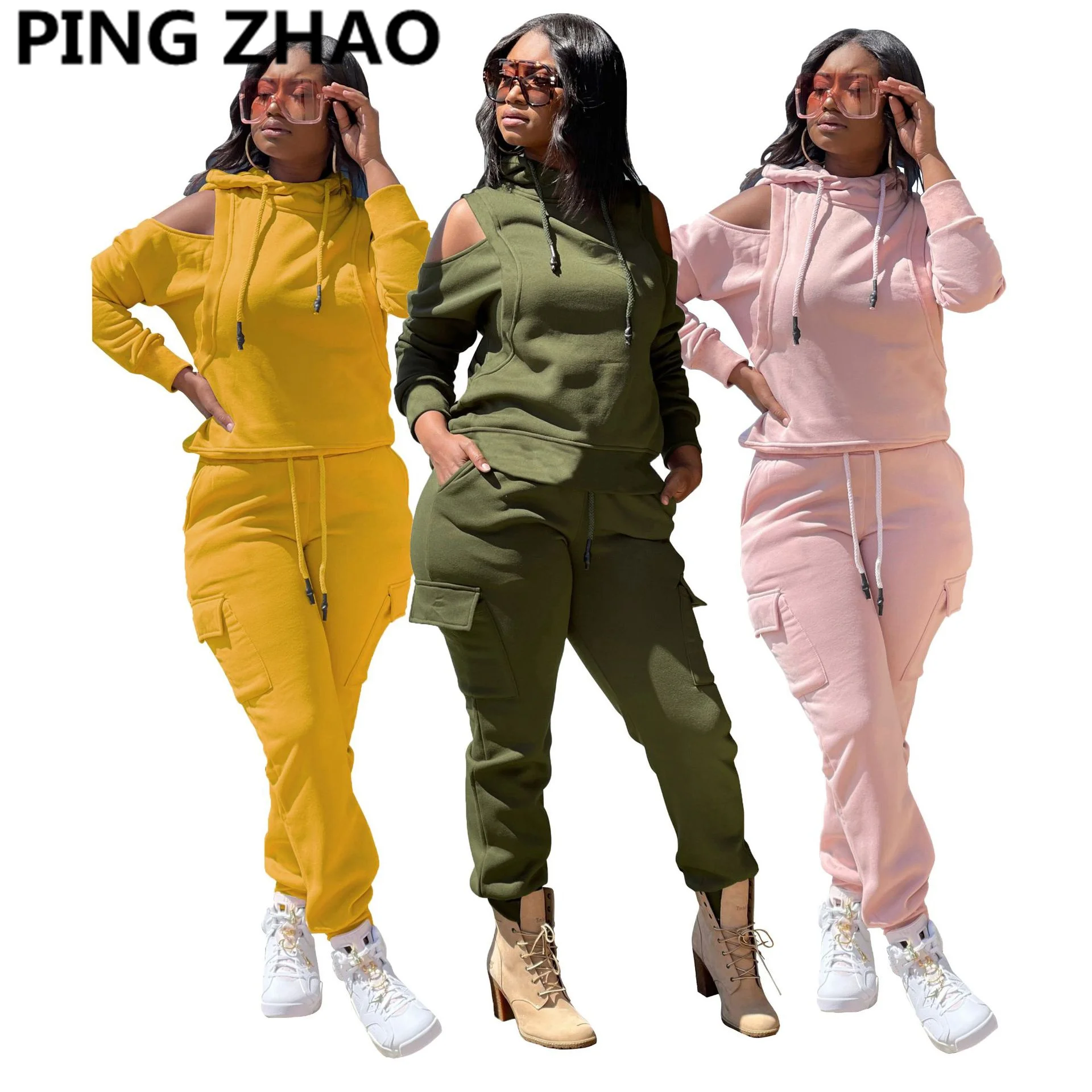 

PING ZHAO Sport Tracksuit Women Long Sleeve Dew Shoulder Hooded Tops+ Running Pants Two Piece Set Autumn Winter Fashion Outfit