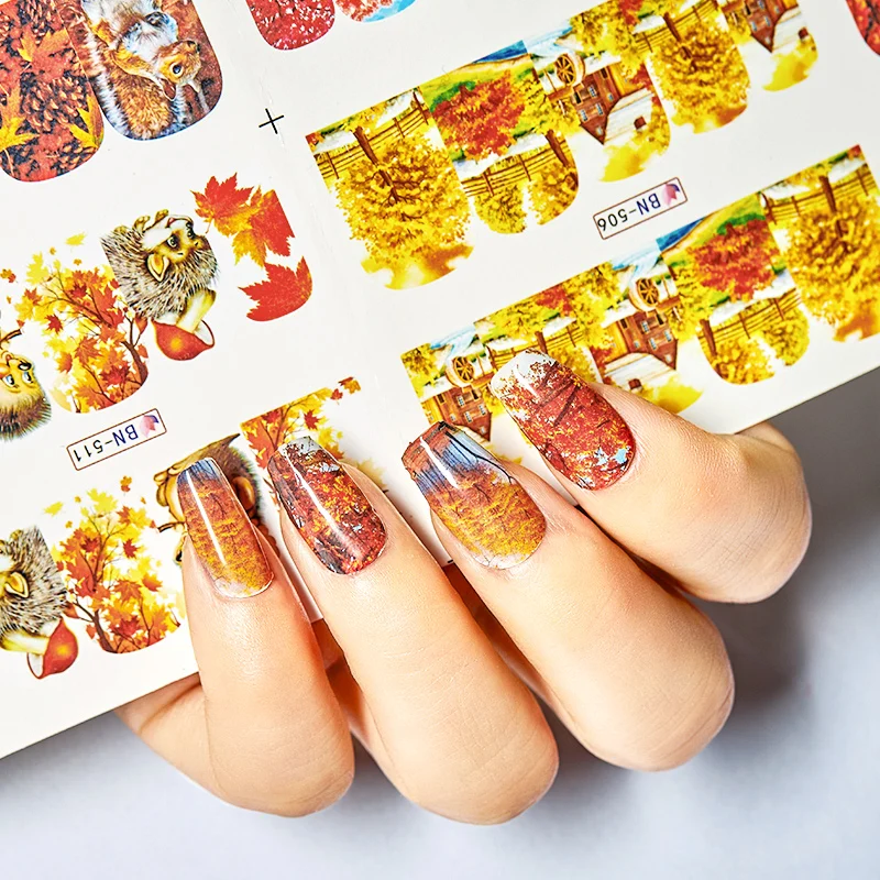 Золотой лист клен наклейки для ногтей осень переводные Слайдеры маникюра