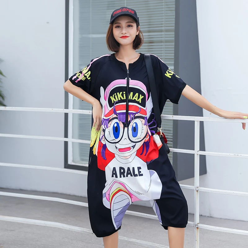 Женский тонкий комбинезон на молнии Свободный с коротким рукавом и мультяшным