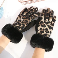womens winter full finger touch screen gloves suede plus velvet leopard gloves faux rabbit fur thicken warm driving gloves d69