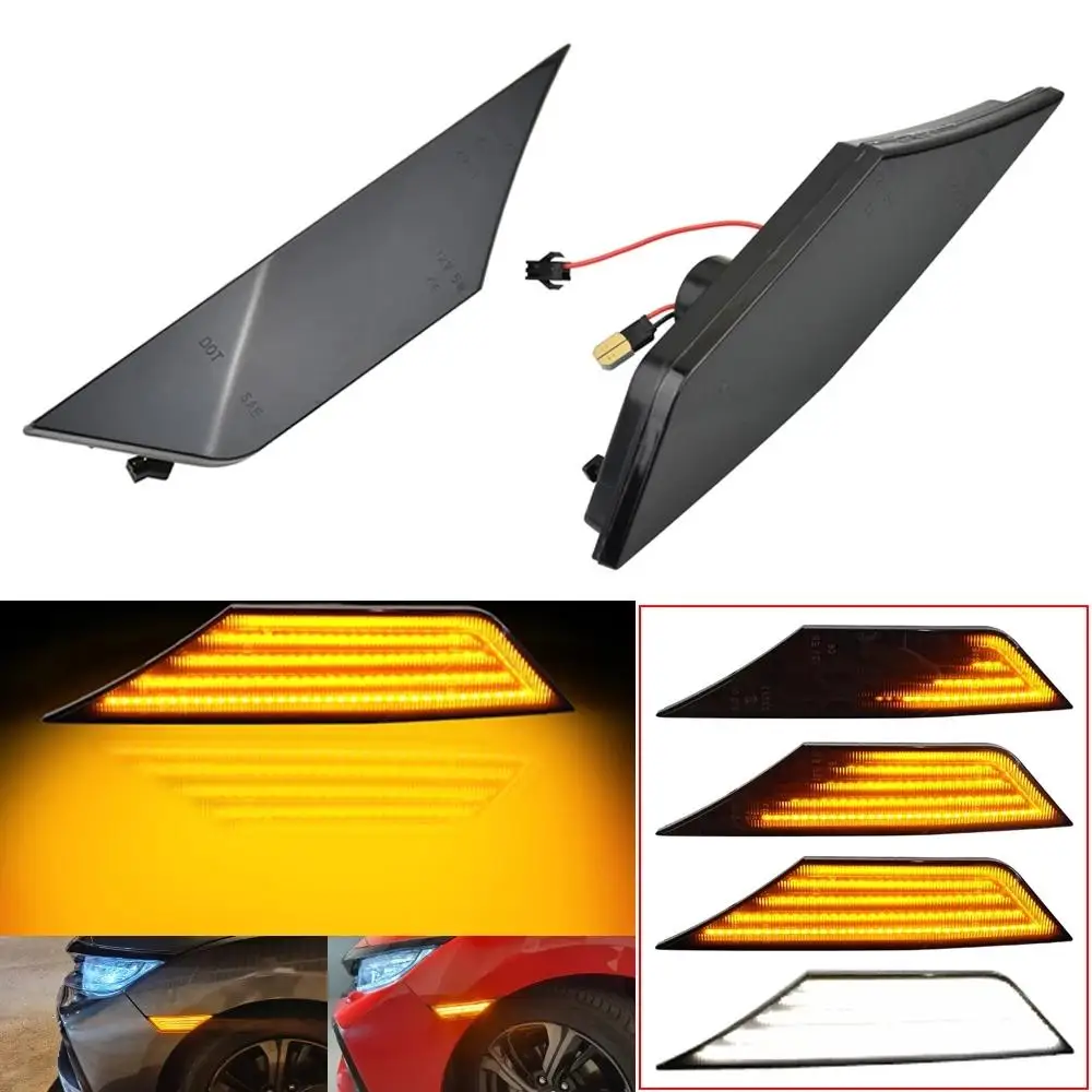 

Pair Dynamic LED Side Marker Turn Signal Amber+White Light For Honda Civic 2016 2017 2018 2019 2020 2021