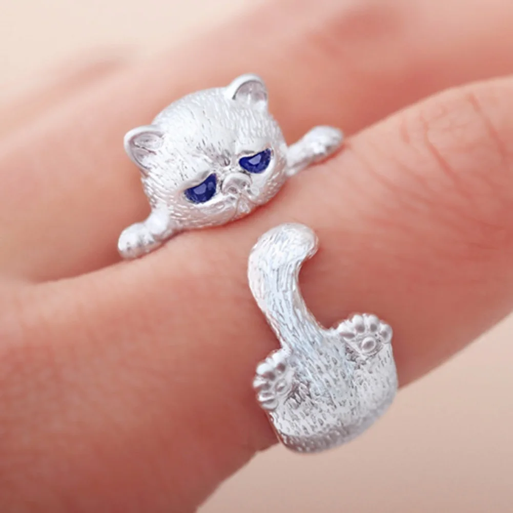 

Vintage Lovely Silver Plated Cute Cat Rings for Women Animal Cat Eyes Open Ring Fashion Jewelry