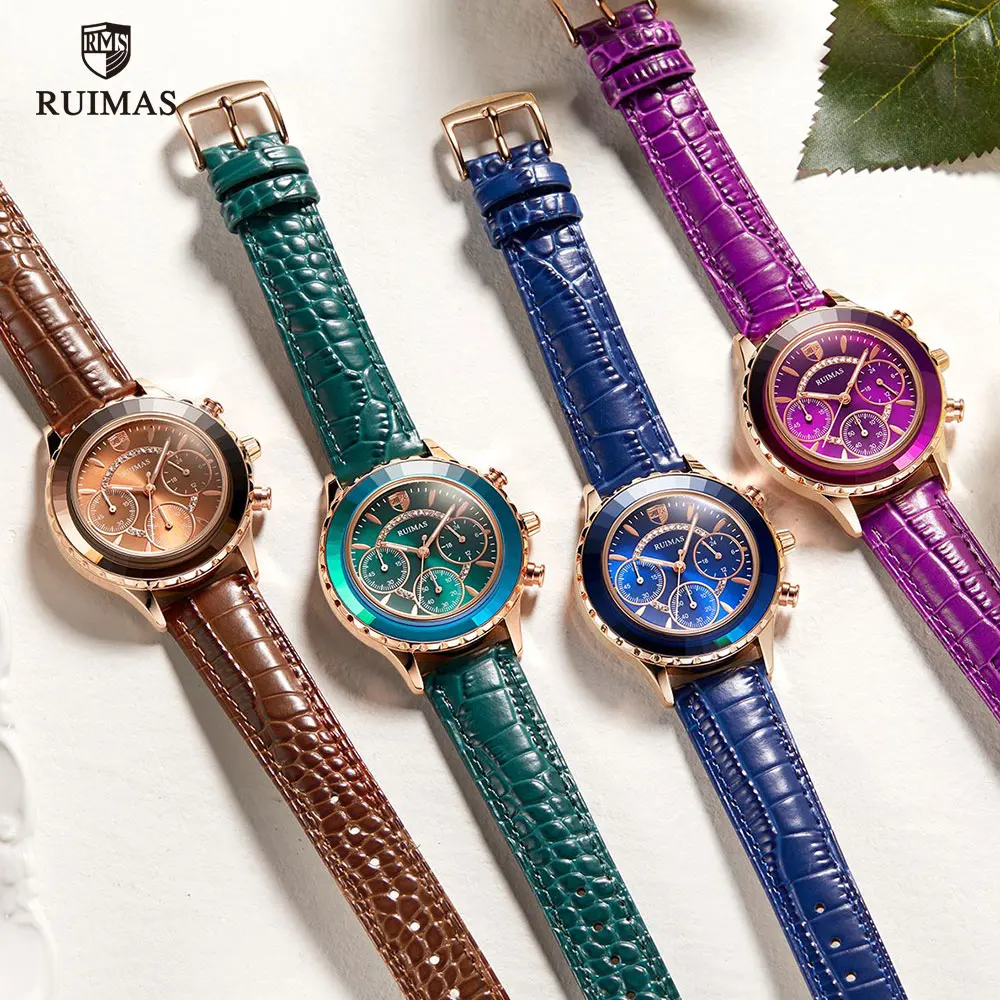 Роскошные Кварцевые часы RUIMAS для женщин синие наручные с кожаным ремешком