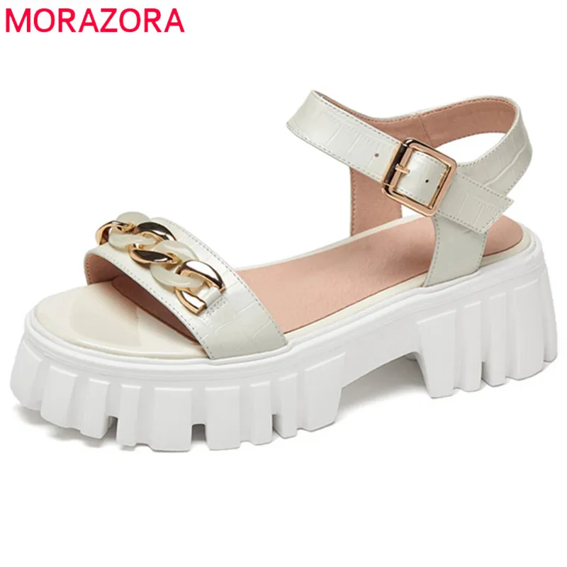 

MORAZORA 2021 New Arrive Genuine Leather Shoes Women Sandals Buckle Casual Shoes Fashion Punk Square Heel Platform Sandals Lady