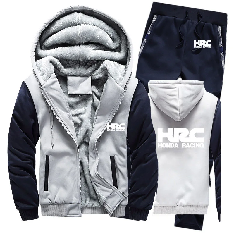 Hoodies Men HRC race motorcycle Car Logo Mens Suit Winter Thicken Warm Fleece Zipper Tracksuit Jacket+Pants sets | Мужская одежда