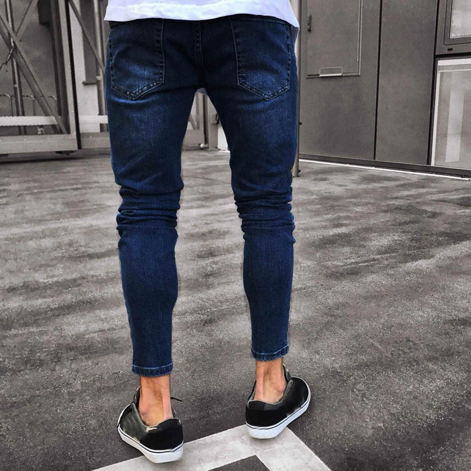 

ISHOWTIENDA Men Slim Biker Zipper Denim Jeans Skinny Frayed Pants Distressed Rip Trousers Pantalones De Mujer Jean Pencil Pants