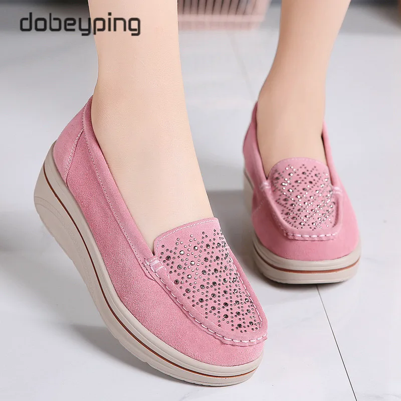 Spring Autumn Women Flats Shoes Platform Female Sneakers Moccasins Shoes Woman Crystal Slip On Shoe Suede Leather Ladies Loafers