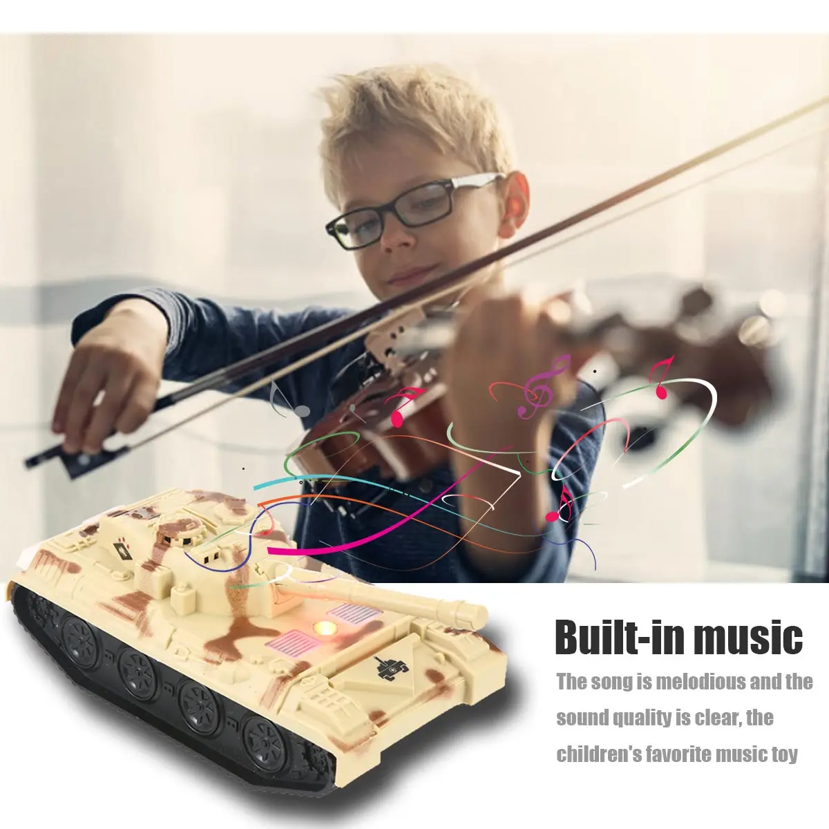 

1PCS Electric Tank Toys 360 Rotating Realistic Shape Figures Military Tank Model LED Lighting Toys Built-in Music for Kids Toys