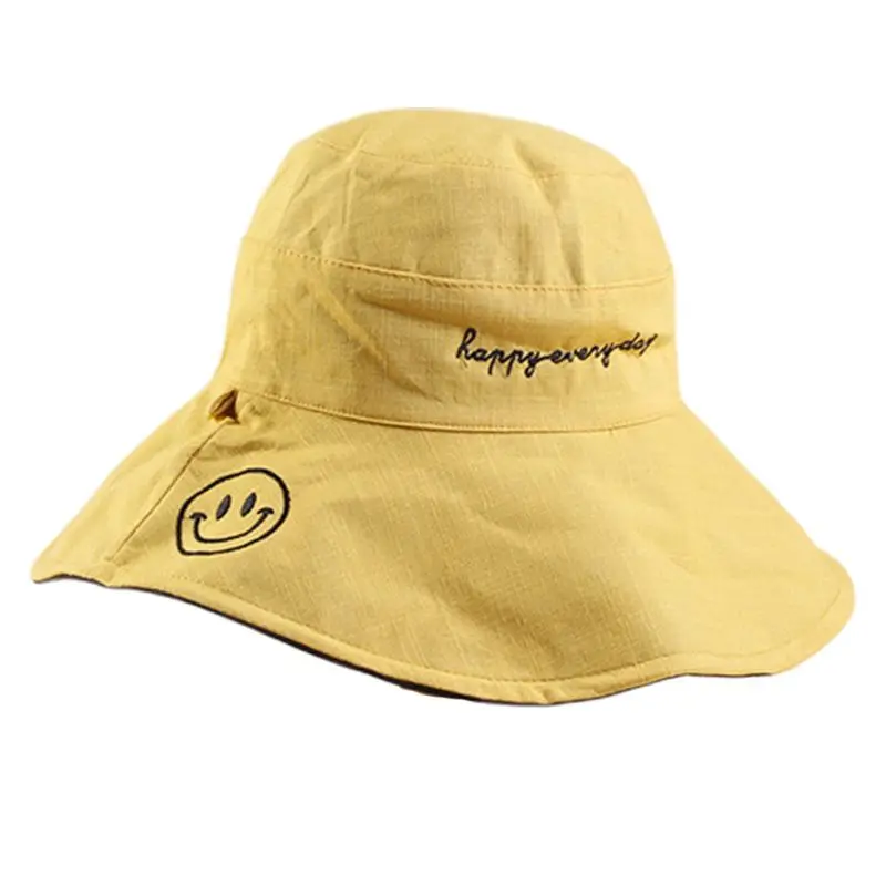

Women Men Summer Cotton Reversible Bucket Hat Cute Smile Face Embroidered Large Wide Brim Double-Sided Packable Fisherman Cap