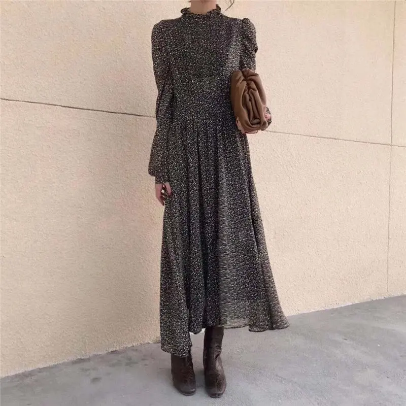 

2021 Office Lady Elegant Print A-Line Floral Gentle Full-Sleeved Waist-Controlled Long Dresses HziriP Palace Style Retro Chic