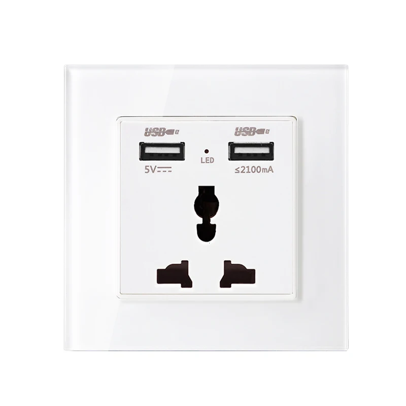 Настенная розетка из хрустального стекла с двойным usb портом для зарядки 2.1A 2100mA
