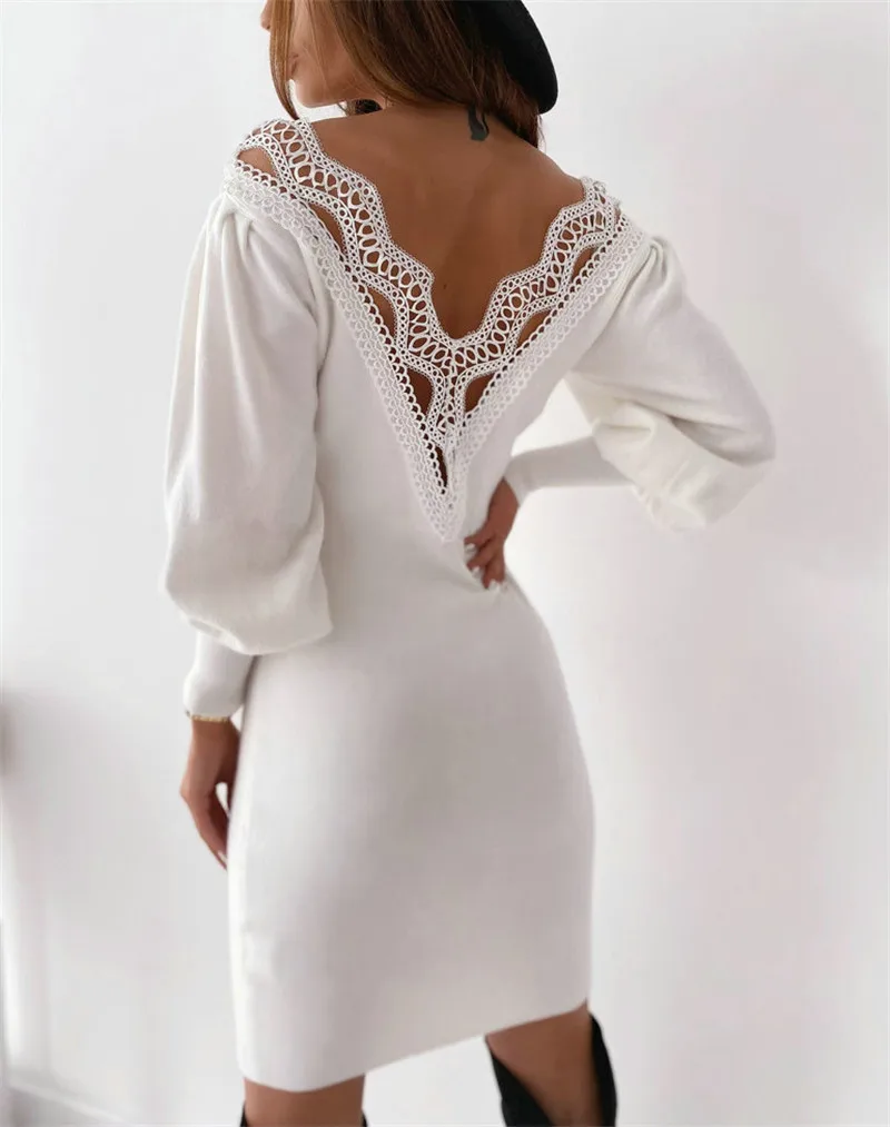 

CHRONSTYLEFall Women Lace Puff Long Sleeve Knitted Dress Jumper OL Elegant Backless V-neck Patchwork Hollow Out Backless Dress