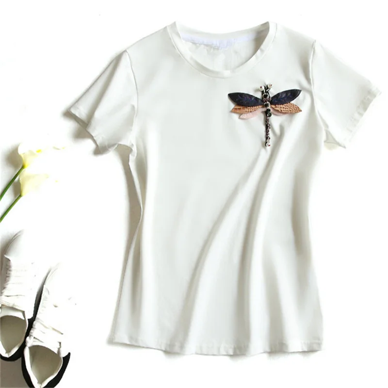 Женская хлопковая Футболка с рисунком стрекозы черная или белая Повседневная